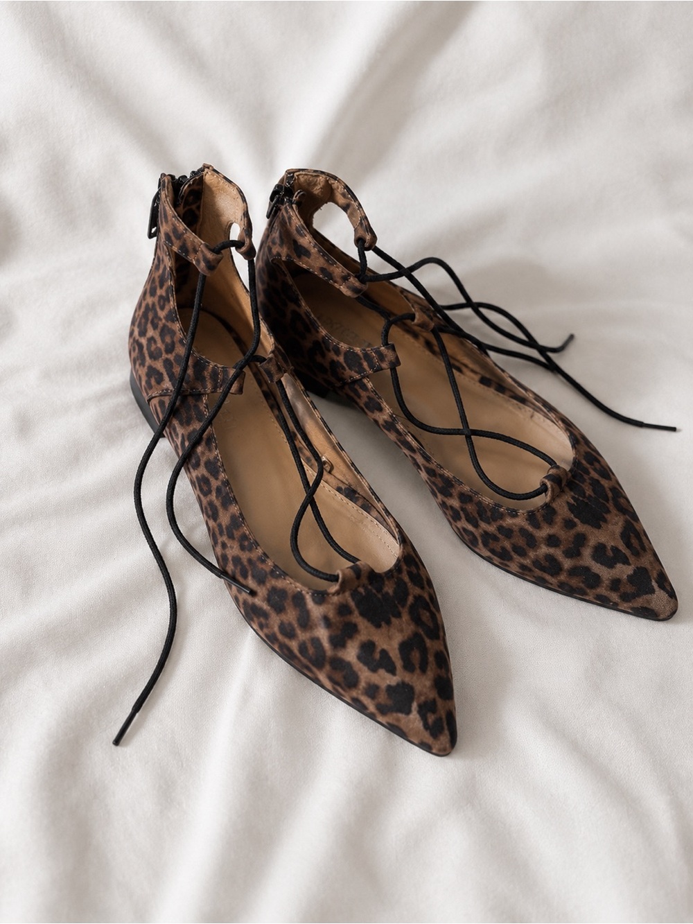 Express Leopard Print Lace-Up Pointed Toe Flats Size 7 Ankle Tie Ballet Shoes